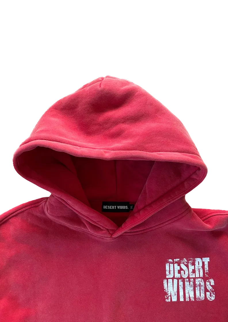 Red hoodie with 'Desert Winds' logo on a white background