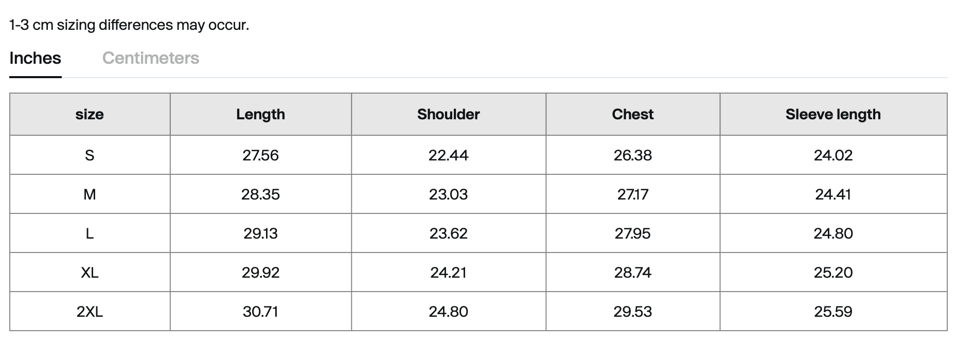 Table displaying size chart for clothing measurements in inches and centimeters.